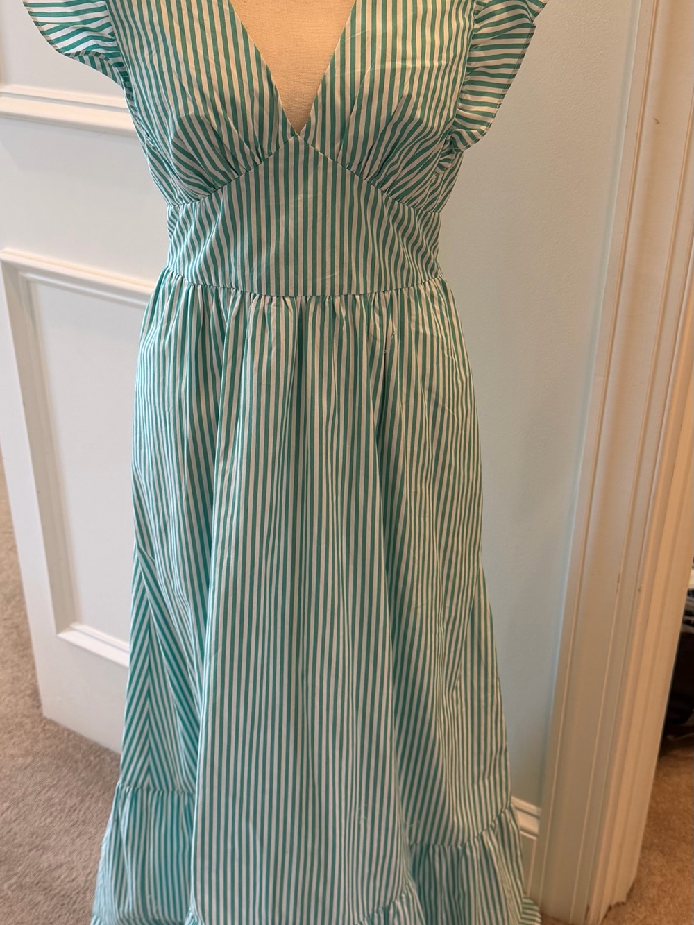Skies Are Blue Aqua & White Striped V-Neck Maxi Dress